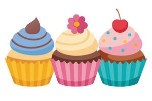 Whimsical Cupcake Trio Cartoon Dessert Pastries with Colorful Frosting and Toppings vector