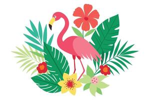 Flat Pink Flamingo Surrounded by Colorful Tropical Flowers and Leaves on White vector