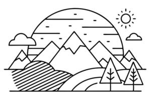 Minimalist Mountain Landscape Design with Trees, Cloud, and Sun in Line Art Style vector