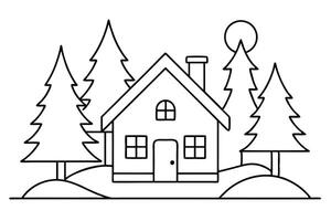 Outline House with Trees and Moon on White Simple Black and White vector