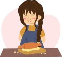 Girl preparing dough on a wooden board using a rolling pin in an apron with a braid baking activity vector