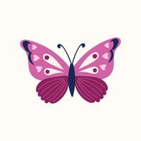 Pink and purple butterfly with detailed wing patterns featuring hearts and symmetrical shapes. Flat, minimalistic style vector