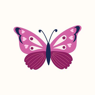 Pink and purple butterfly with detailed wing patterns featuring hearts and symmetrical shapes. Flat, minimalistic style