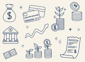Set of financial-themed elements in a minimalist line art style. Includes a money bag, credit cards, coin stacks, a piggy bank, a financial institution building, a receipt, a dollar bill vector