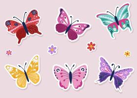 Set colorful butterflies with detailed wing patterns surrounded by decorative floral elements. Modern sticker-style illustration with vibrant, symmetrical designs and playful aesthetics. vector