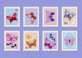 Set butterfly-themed postage stamps arranged in a neat grid, each featuring a different butterfly design with floral and botanical elements. vector