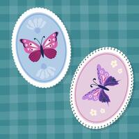Two delicate butterflies with detailed wings, adorned with floral and botanical patterns, displayed within elegant oval frames. The butterflies feature intricate designs vector