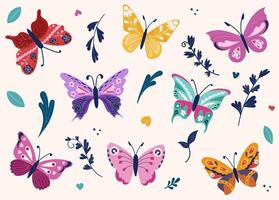 Set colorful butterflies with detailed wing patterns surrounded by decorative floral elements. Abstract, vintage-inspired style. Light background enhancing contrast and elegance. vector