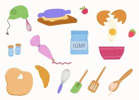 Set of baking elements featuring rolling pin with dough cracked egg bag flour bag whisk spatula vector
