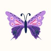 Detailed butterfly with ornamental wing patterns featuring floral and abstract motifs. Intricate design with symmetrical decorations vector