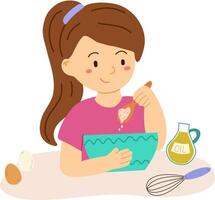 A girl preparing ingredients for baking sitting at a table with a mixing bowl spoon whisk egg and oil bottle vector