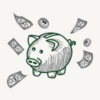 A piggy bank drawn in a sketch style with scattered coins and bills. The illustration highlights concepts of savings, finance, and wealth management with a playful and minimalist design. vector