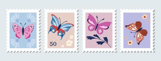 Set butterfly-themed postage stamps with intricate butterfly illustrations, each featuring unique wing patterns and floral accents. vector