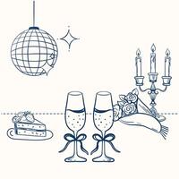 A decorative composition featuring champagne glasses tied with ribbons, a bouquet of flowers, a slice of cake on a plate, a candelabra, and a disco ball with sparkling details. vector