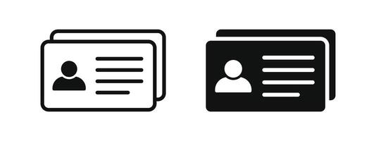 Set of black and white identification card icons in flat style, showing user profile image and text lines, ideal for ID, contact, business, and personal info representation vector