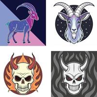 Four mystical goat head and devil head illustrations with zodiac symbols in circular designs. vector