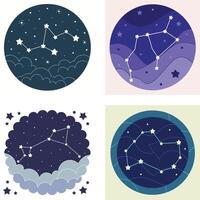 Mystical constellation designs in circular frames with starry night skies. vector