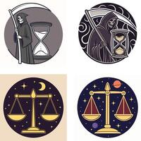 gothic reaper and celestial gold scale emblems in circular frames vector