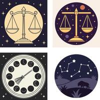 Dark gothic reaper and celestial gold scale emblems in circular frames vector