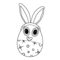 Monochrome adorable anthropomorphic Easter egg character kid with Easter bunny ears, big eyes, and a cheerful smile in a fun black and white coloring page. vector