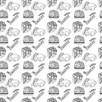 Black and white seamless pattern featuring Easter bunnies, tulips, decorated Easter eggs in a basket, and - Happy Easter - text. Ideal for coloring page, textiles, and holiday activities. vector