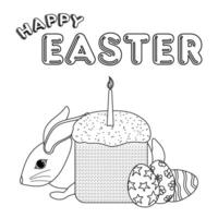 Black and white greeting card featuring a rabbit, festive Easter cake with a candle, and decorated Easter eggs for coloring page. Easter bunny and cupcake. vector