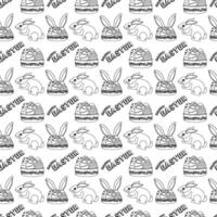 Seamless pattern with cute rabbits, Easter bunny, Easter eggs, baskets, and festive - Happy Easter - text. Ideal for coloring page, textiles, wrapping paper and craft projects. vector