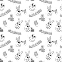 Monochrome Seamless pattern featuring anthropomorphic Easter eggs kids characters with Easter bunny ears, playful faces. Ideal for coloring page, textiles, wrapping paper and festive craft projects. vector
