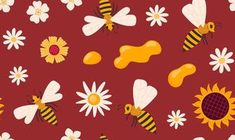 Honey seamless pattern. Apiary collection background. Honey drop, bee, flowers. illustration isolated vector