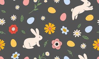 Seamless pattern with white bunny, easter egg and floral. Spring background. Rabbit print for textiles, wallpaper, fabric, design of things and objects. Flat illustration in hand drawn style vector