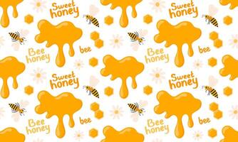 Honey seamless pattern. Apiary collection background. Honey drop, bee, honeycomb, flowers. illustration isolated vector