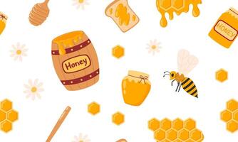 Honey seamless pattern. Apiary collection background. Honey jar, dipper, barrel, bee, flowers, honeycomb, honey drop. illustration isolated on white background vector