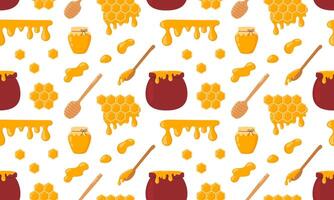 Honey seamless pattern. Apiary collection background. Honey jar, pot, honeycomb, honey drop, dipper. illustration isolated vector
