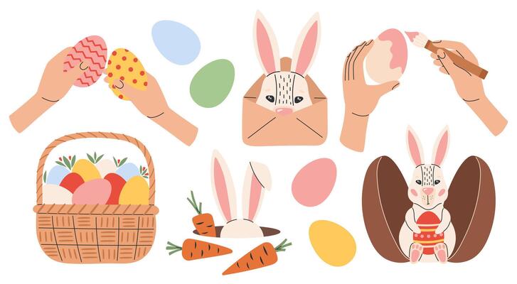 Cute Easter set. Spring collection with rabbits, flowers, painted egg, basket. illustration in flat hand drawn style