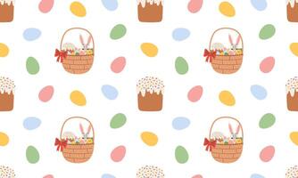Seamless pattern with bunny in basket, Easter cake and egg. Spring print for textiles, wallpaper, fabric, design of things and objects. Easter background. Flat illustration in hand drawn style vector