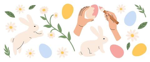 Cute Easter set. Spring collection with rabbits, flowers, eggs. illustration in flat hand drawn style vector