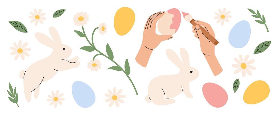 Cute Easter set. Spring collection with rabbits, flowers, eggs. illustration in flat hand drawn style