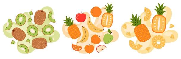 Fruit and berry set on abstract background. Kiwi, pineapple, multifruit, multivitamin taste. Fresh summer juicy fruit. Flat illustration vector
