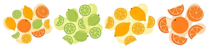 Fruit set on abstract background. Lemon, orange, lime, grapefruit. Citrus fruit taste. Fresh summer juicy fruit. Flat illustration vector