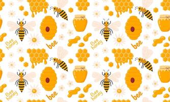 Honey seamless pattern. Apiary collection background. Honey jar, beehive, bee, flowers, honeycomb, honey drop. illustration isolated vector