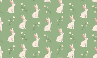 Seamless pattern with cute bunny and flower. Spring print for textiles, wallpaper, fabric, design of things and objects. Easter background. Flat illustration in hand drawn style vector
