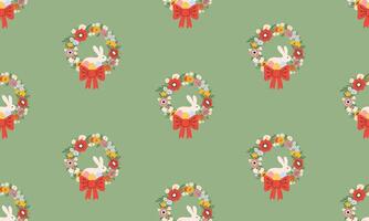 Seamless pattern with cute bunny in floral wreath. Spring print for textiles, wallpaper, fabric, design of things and objects. Easter background. Flat illustration in hand drawn style vector