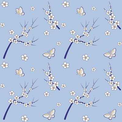 Seamless pattern with plum blossom and butterfly on light blue background. Floral Chinese wallpaper. Oriental vibes illustration. Chinoiserie design.