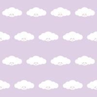 Fluffy White Cute Kawaii Cloud Character Floating in Sky. Positive Lovely Child Friendly Textile Nappy Print. Childish Seamless Pattern Background Design. Smiling Face Cloud Bubble Art vector