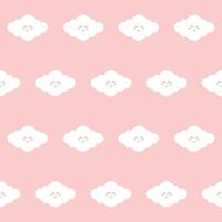 Fluffy White Cute Kawaii Cloud Character Floating in Sky. Positive Lovely Child Friendly Textile Nappy Print. Childish Seamless Pattern Background Design. Smiling Face Cloud Bubble Symbol Element vector