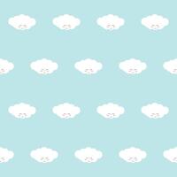 Fluffy White Cute Kawaii Cloud Character Floating in Sky. Positive Lovely Child Friendly Textile Nappy Print. Childish Seamless Pattern Background Design. Smiling Face Cloud Bubble Symbol Element Art vector