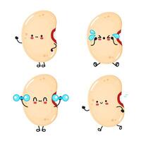 Four soy bean cartoon characters express different moods and activities on a white background. vector
