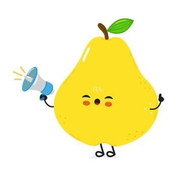 A happy pear cartoon character is joyfully promoting with a megaphone and pointing a direction. vector