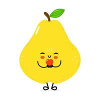 Cute and funny pear character with lovely face holding a heart in hands, expressing positive emotions and love, isolated on white background. vector