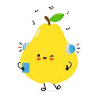 A happy Pear listens to music on headphones and holds a smartphone, enjoying the rhythm on a white background. vector